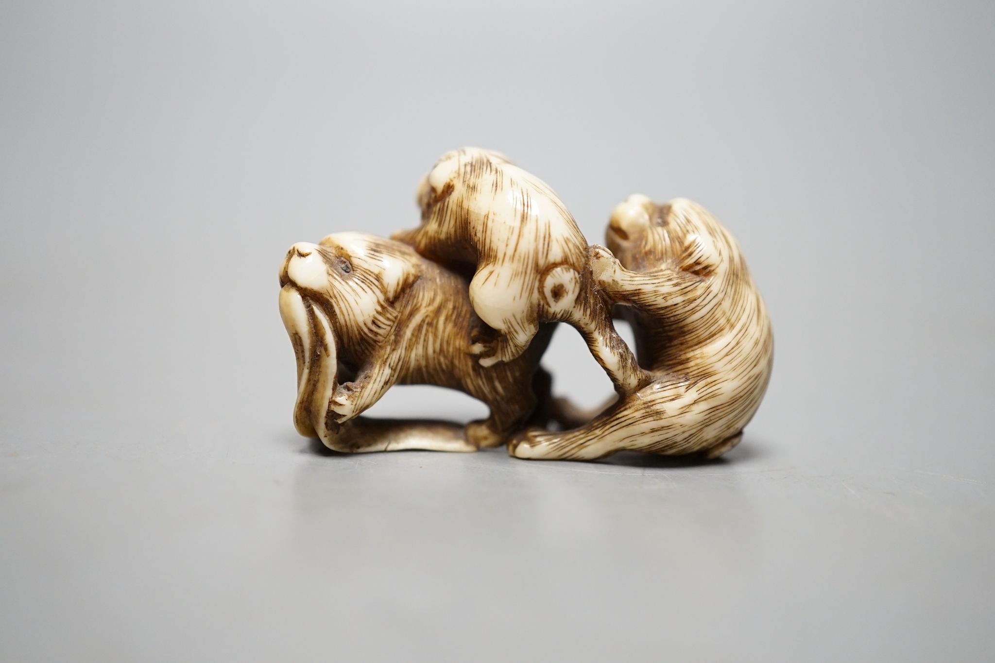 A Japanese ivory netsuke monkey group, 19th century, signed, 5cm wide.